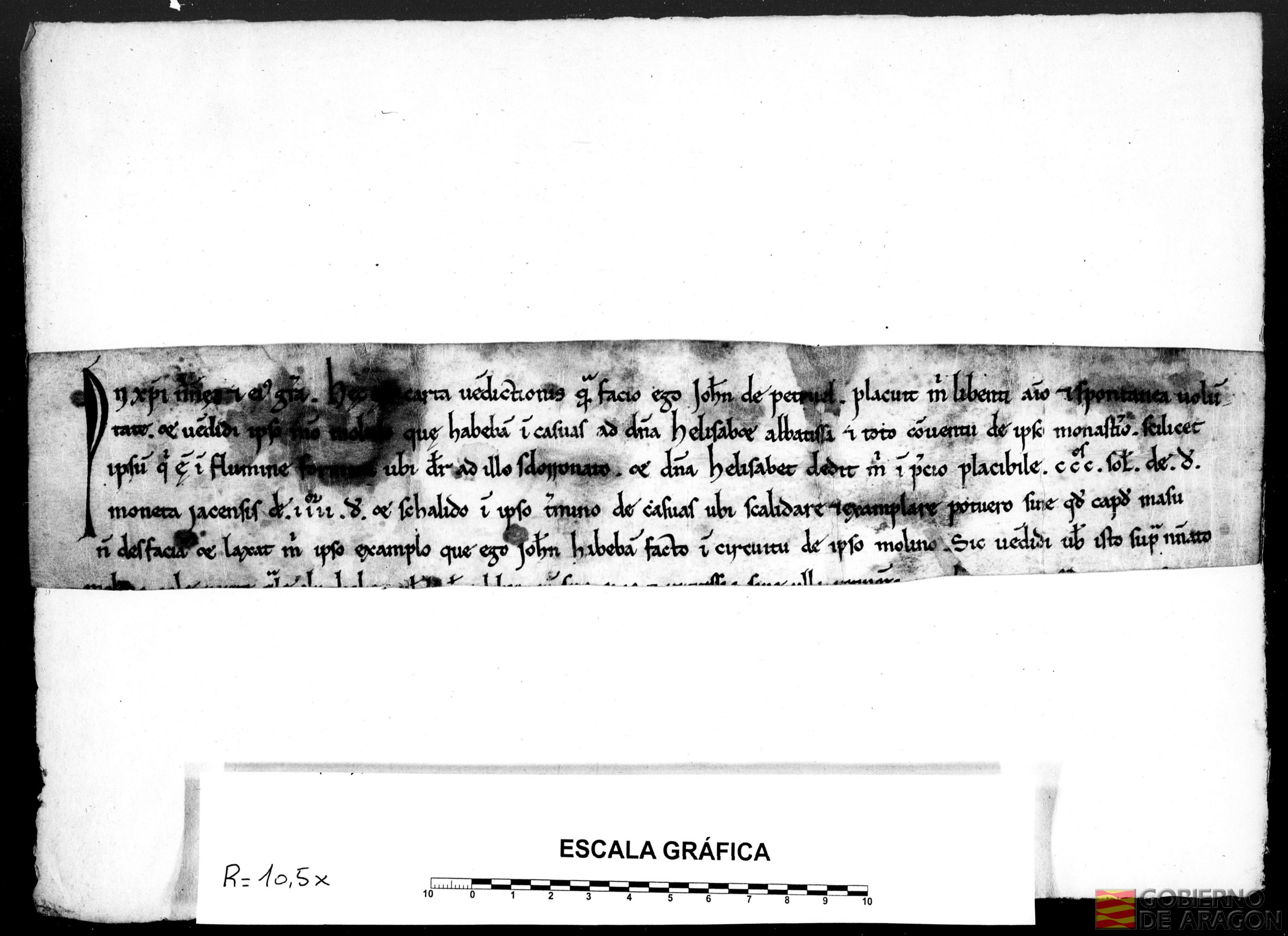 Juan de Petruel vende a doña Isabel, abadesa del monasterio de Casbas, un molino en Casbas, en el río Formiga, por 300 sueldos Jaqueses